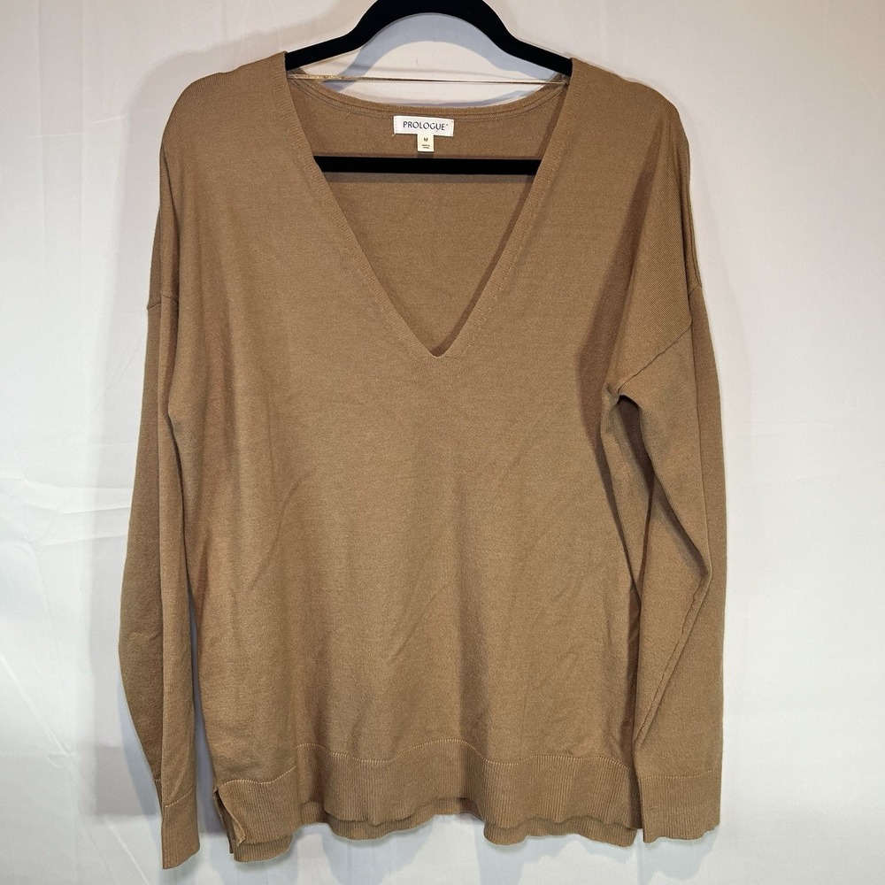 Prologue Sweater Womens Medium M Oversized Beige Knit Long Sleeve VNeck Pullover